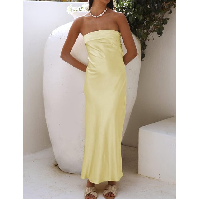 Women's Satin Strapless Backless Maxi Dress