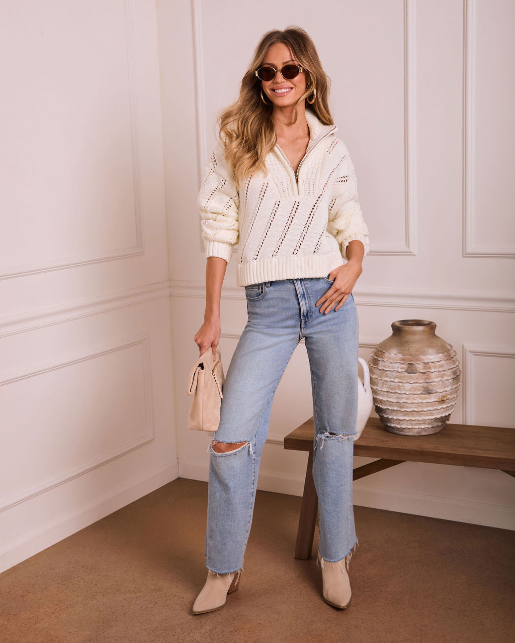 White Dawn Knit Quarter Zip Sweater