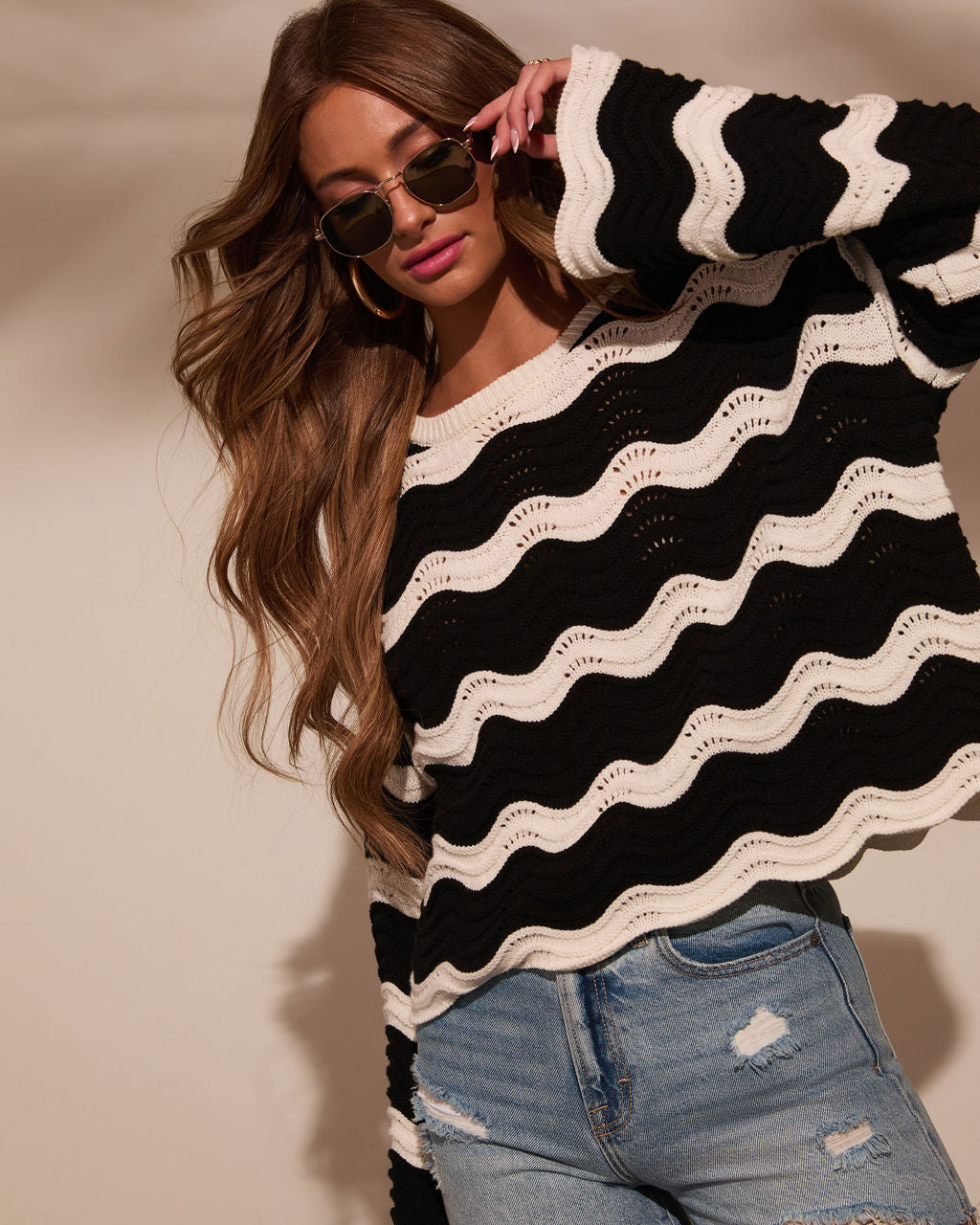 Janerio Wavy Striped Crochet Sweater