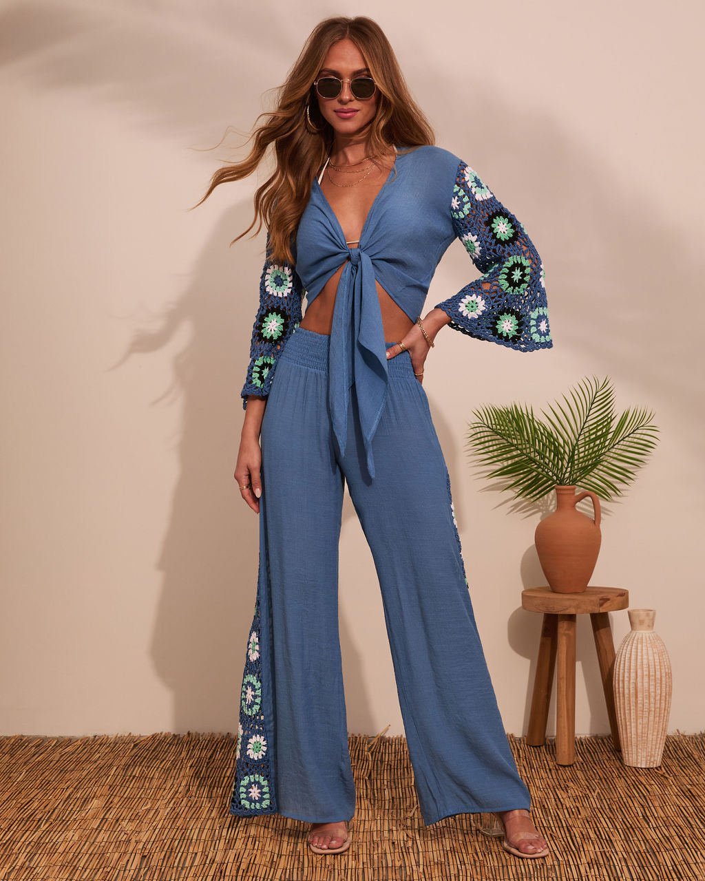 Josia Tie Front Crochet Sleeve Crop Top