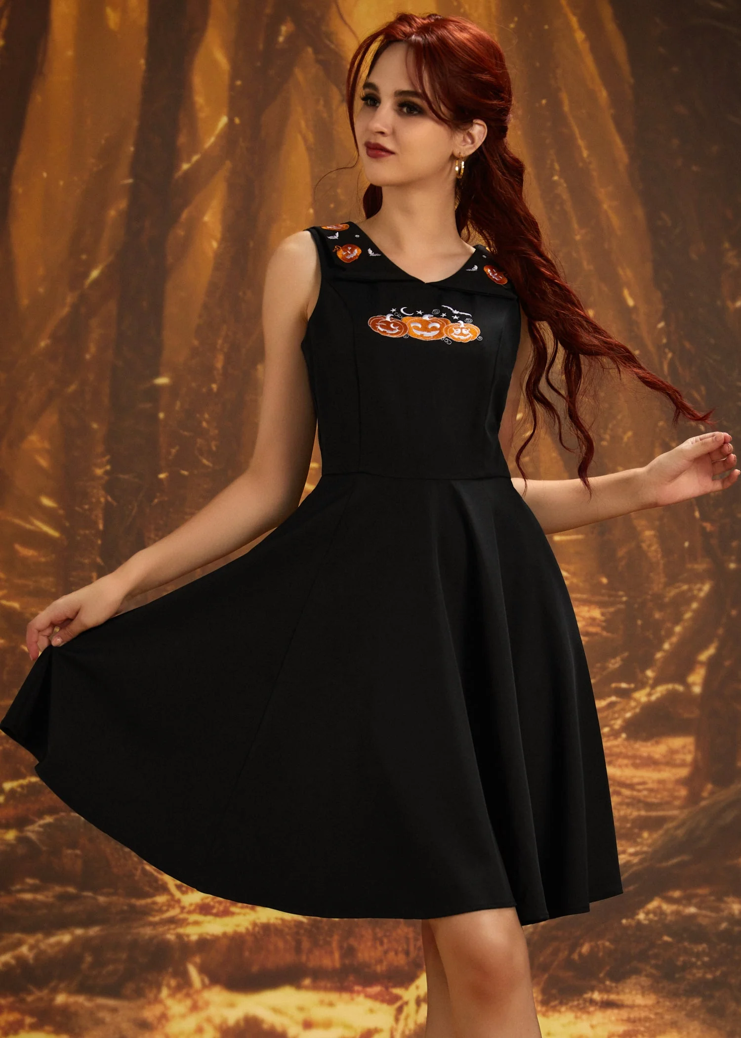 Halloween Pumpkin Embroidery Swing Dress