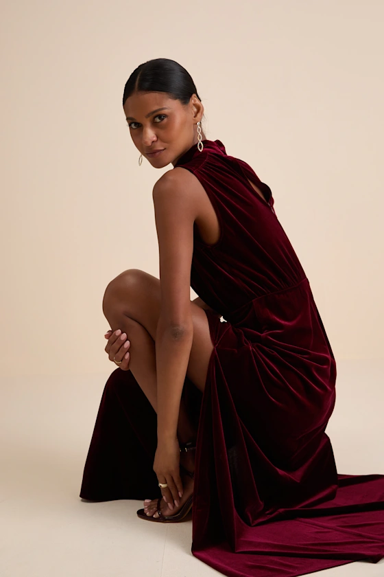 Classic Elegance Wine Red Velvet Sleeveless Mock Neck Maxi Dress