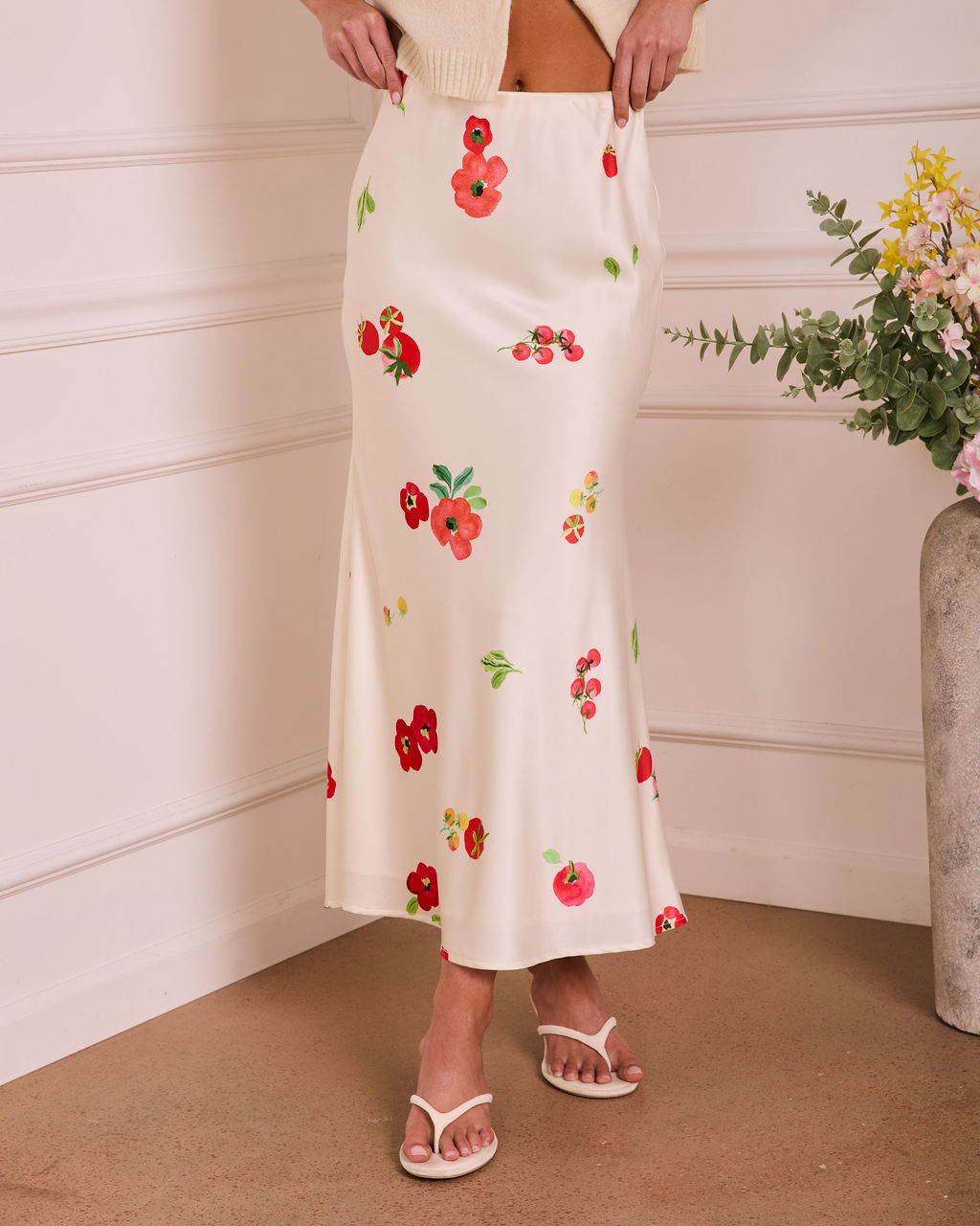 Soft Stem Fruit Floral Satin Maxi Skirt