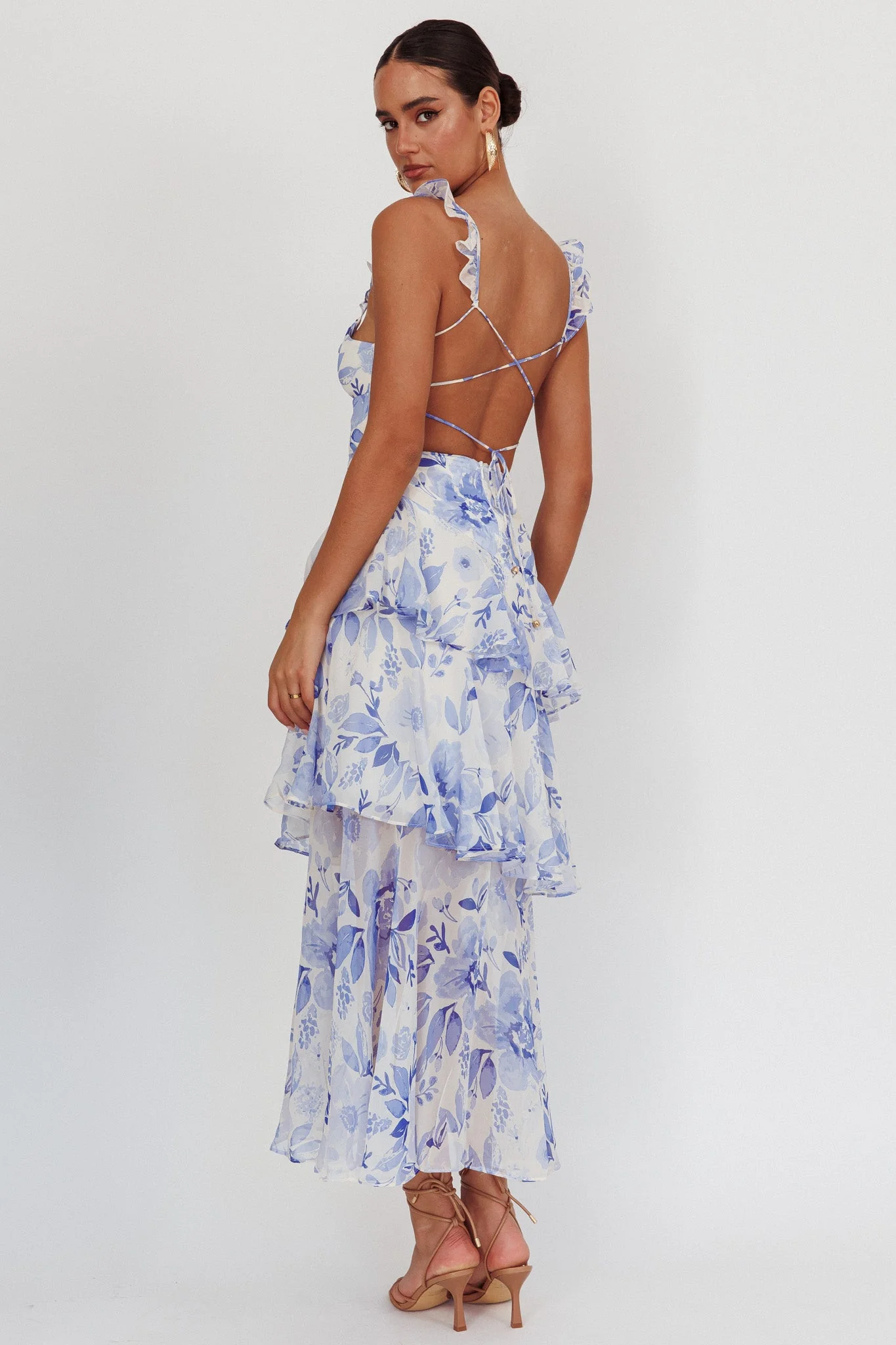 Veda Strappy Back Ruffle Maxi Dress Flowers Blue