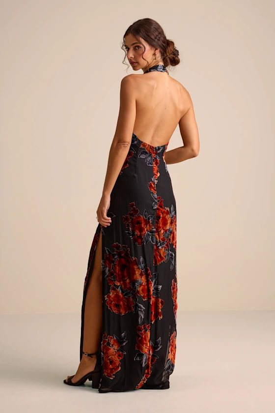 Karima Black Velvet Floral Burnout Halter Maxi Dress