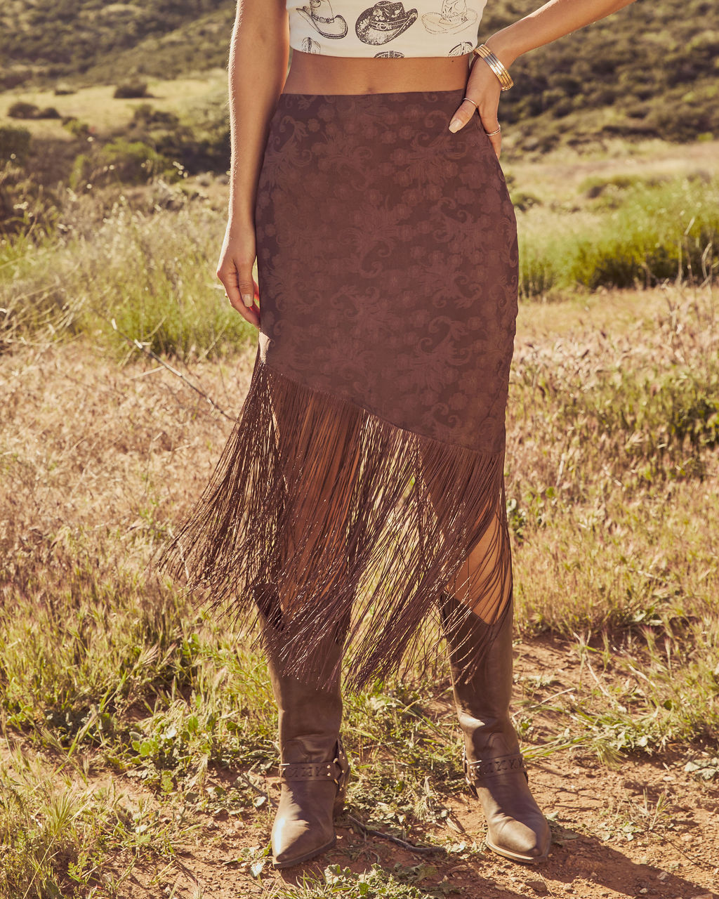 Rustic Outlaw Fringe Satin Jacquard Midi Skirt