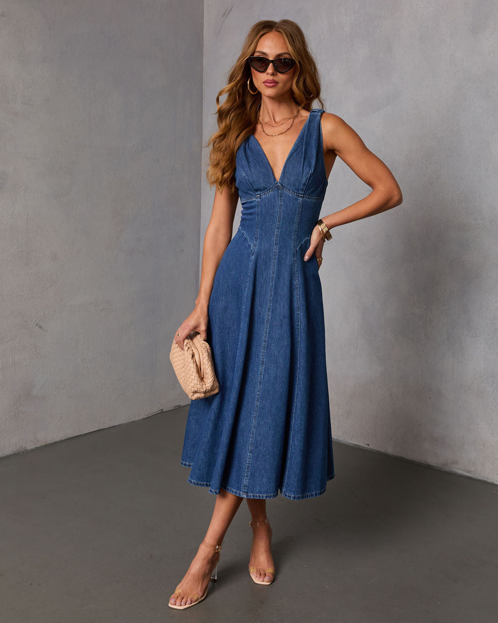 Karlien Denim V Neckline Midi Dress