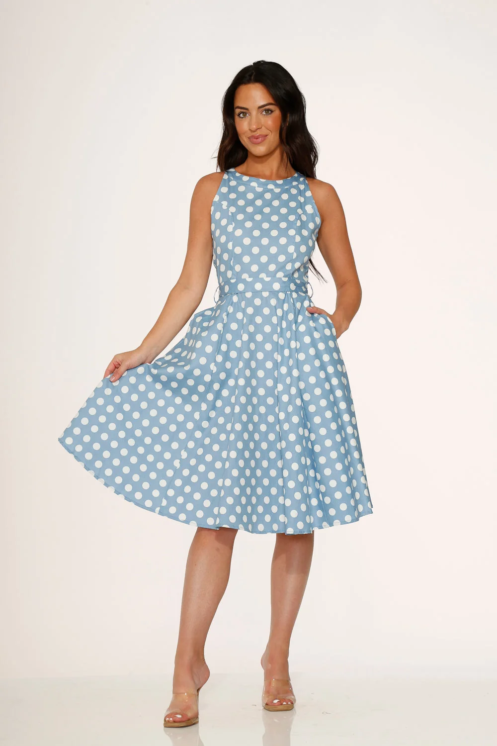 Light Blue & White Polka Dot Swing Dress