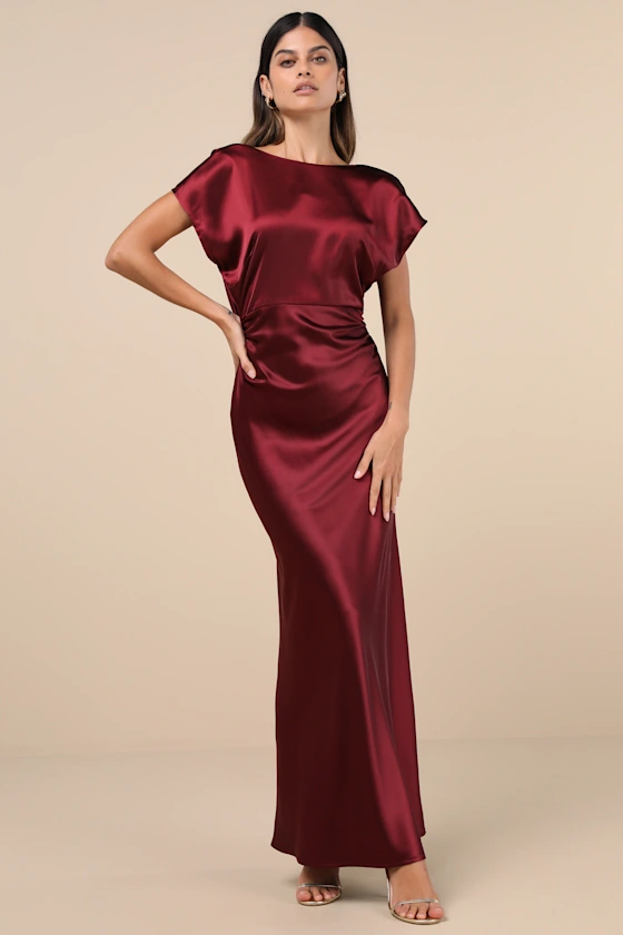 Captivating Presence Wine Red Satin Cowl Back Maxi Dress
