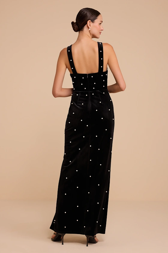 Viola Black Velvet Pearl Maxi Dress