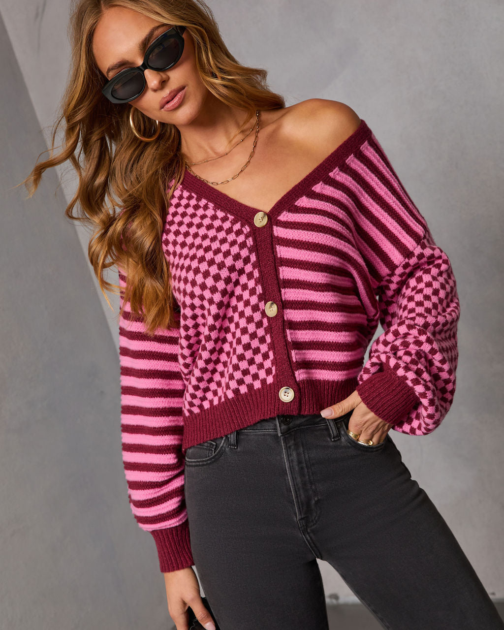 Soft Routine Checkered Striped Cardigan
