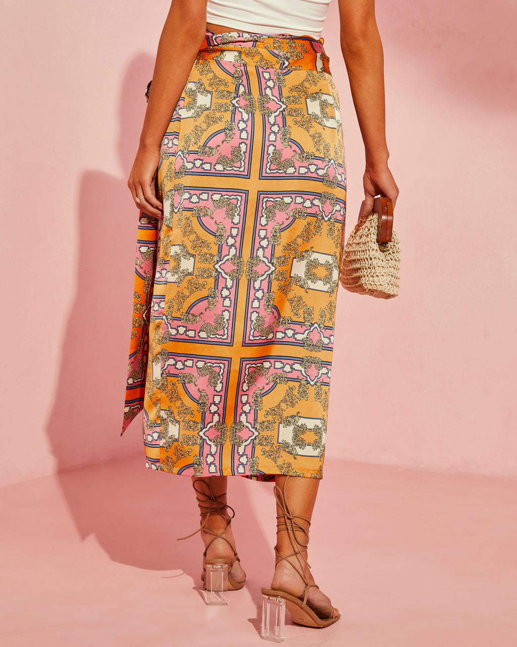 Manique Satin Printed Side Tie Midi Skirt