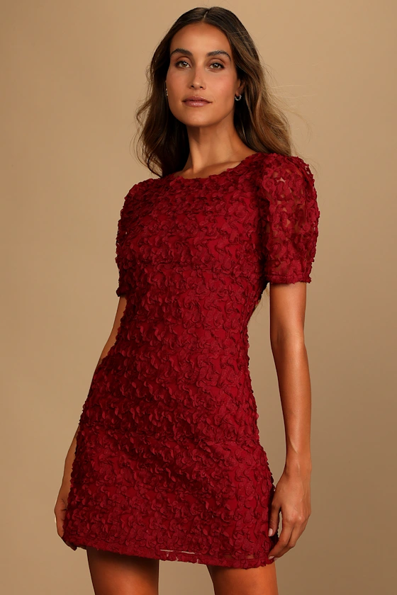 Always For You Wine Red Puff Sleeve Mini Dress