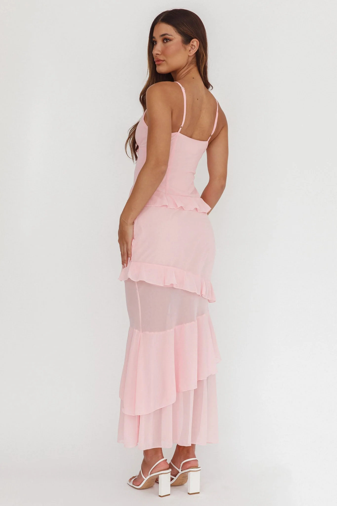 Marlie Frill Trim Rosette Maxi Dress Blush