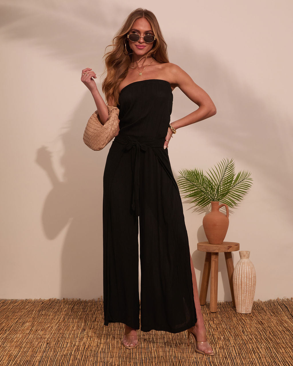 Coasting By Strapless Waist Tie Jumpsuit