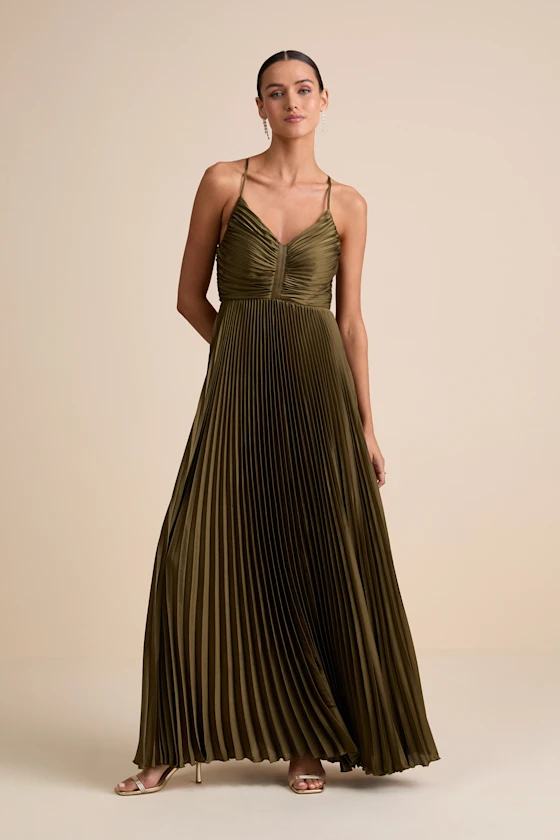 Olive Green Maxi Dress - Open Back Dress- Pleated Satin Dress - Lulus