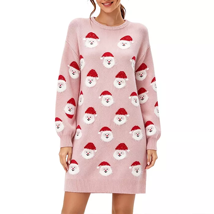 Women's Christmas Santa Face Sweater Dress Long Sleeve Crew Neck Knit Casual Holiday Winter Dress