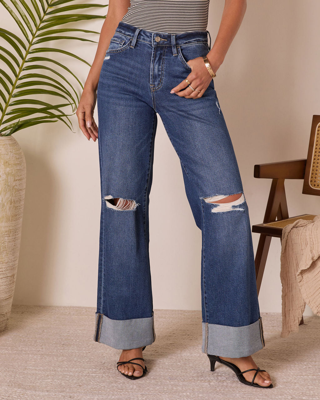 Jaidan Stretch High Rise Wide Leg Distressed Cuffed Jeans