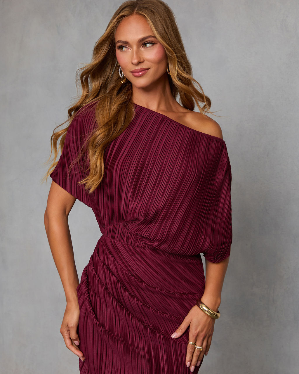 Ceyvan Off The Shoulder Plisse Maxi Dress