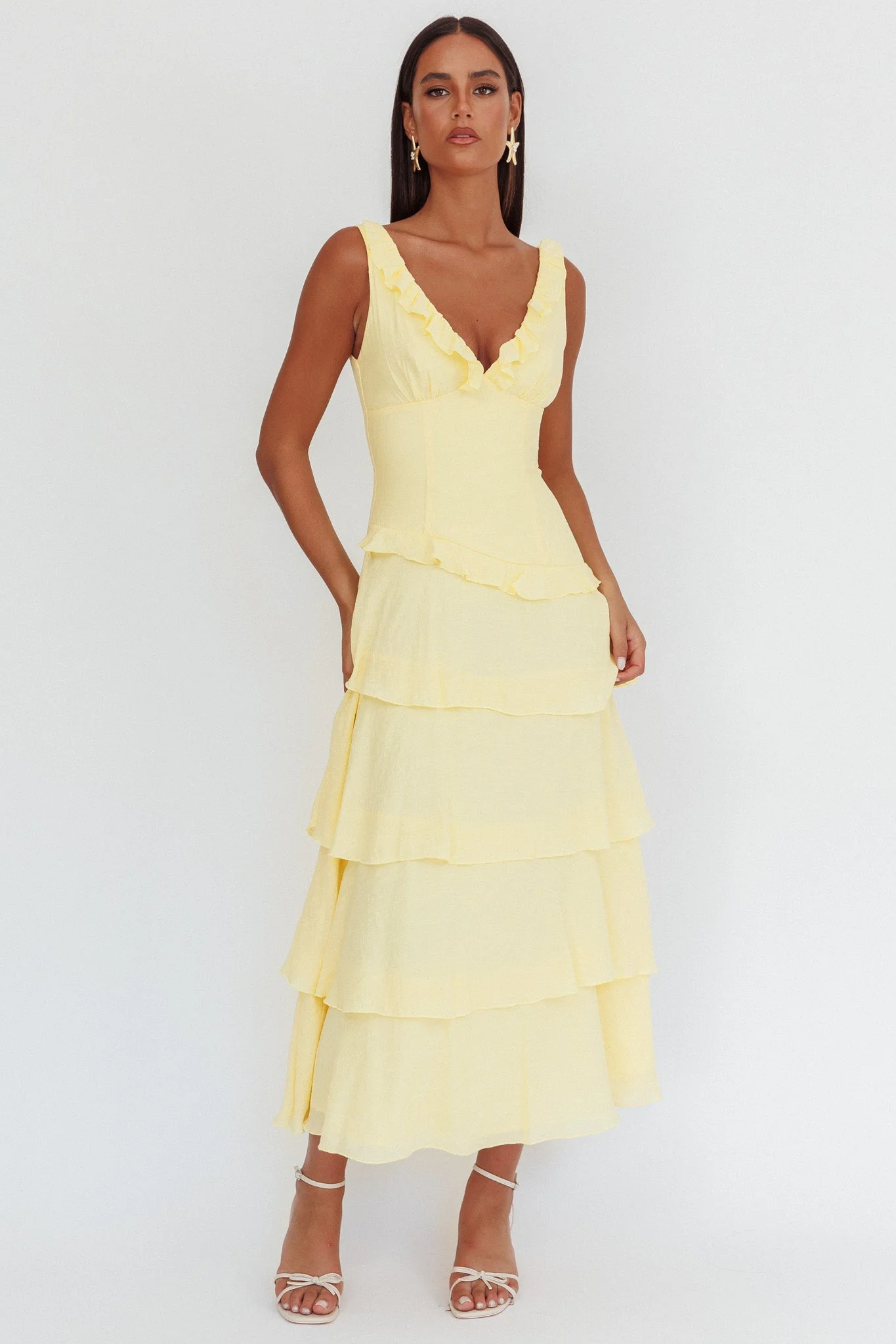 Khlara V-Neck Frill Trim Maxi Dress Butter