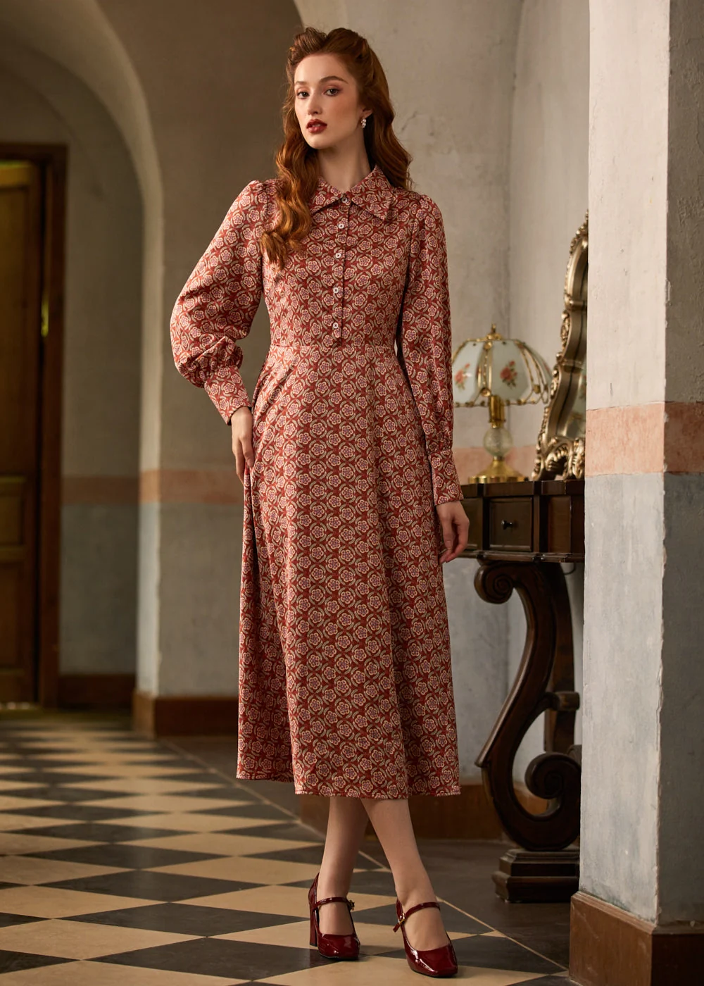 Romantic Era Button Front Midi Dress