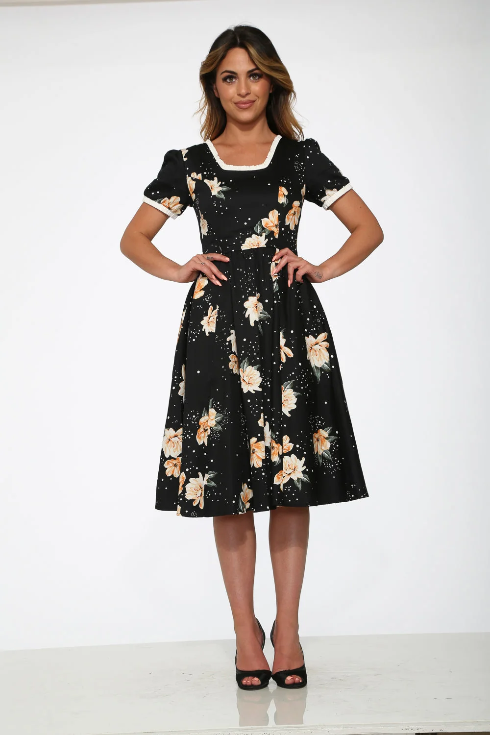 Black & Yellow Floral Swing Dress
