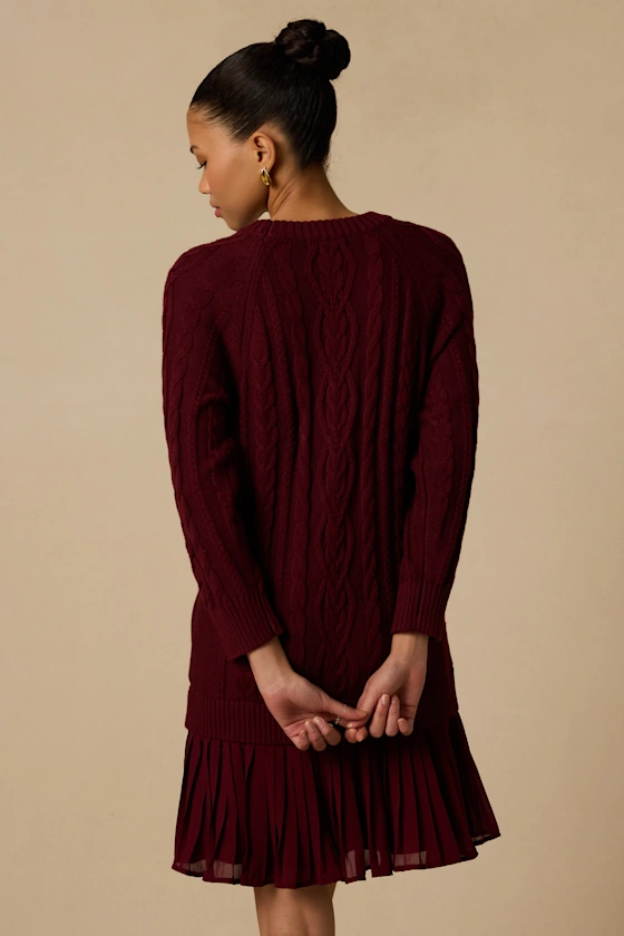 Alvie Burgundy Cable Knit Drop Waist Sweater Dress