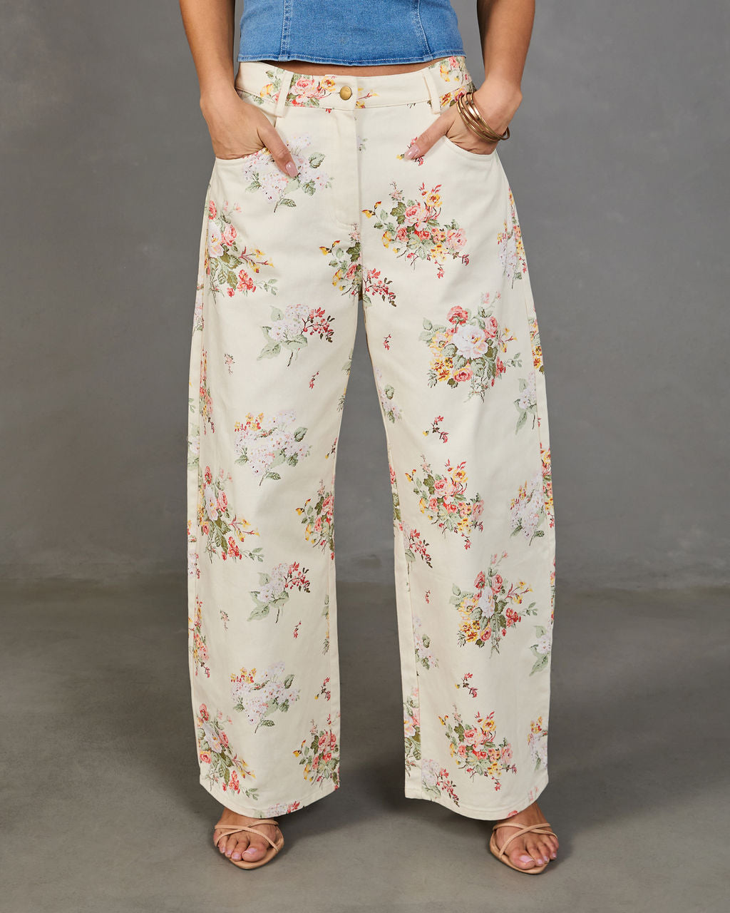 Sunlit Petals Rigid Mid Rise Wide Leg Floral Jeans