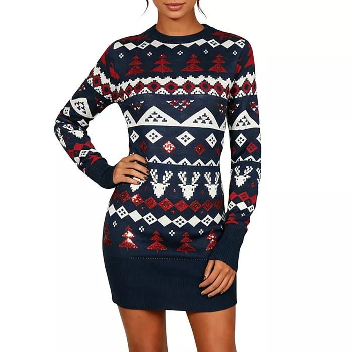 Women's Christmas Knit Dress Long Sleeve Crew Neck Bodycon Dress Reindeer Slim Sweater Dress