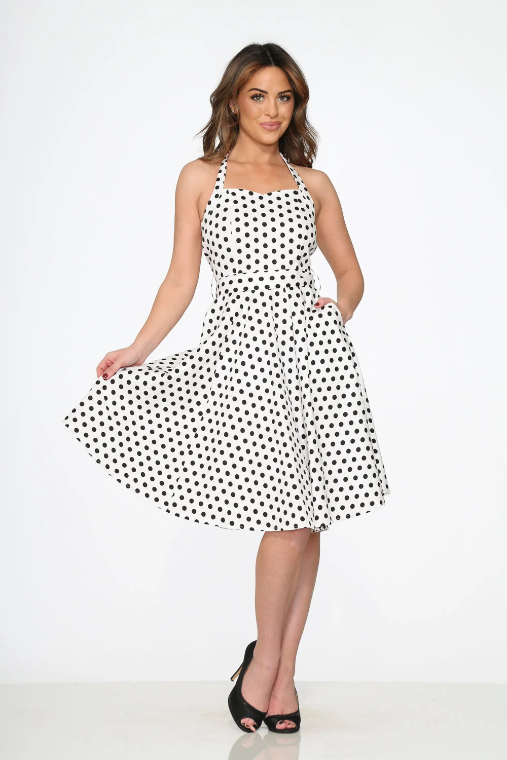 White & Black Polka Dot Halter Dress