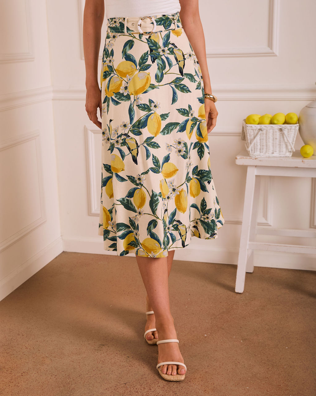 Sunlit Grove Lemon Print Midi Skirt