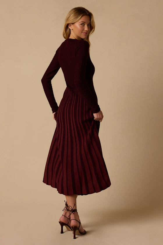 Violetta Burgundy Pleated Knit Midi Dress