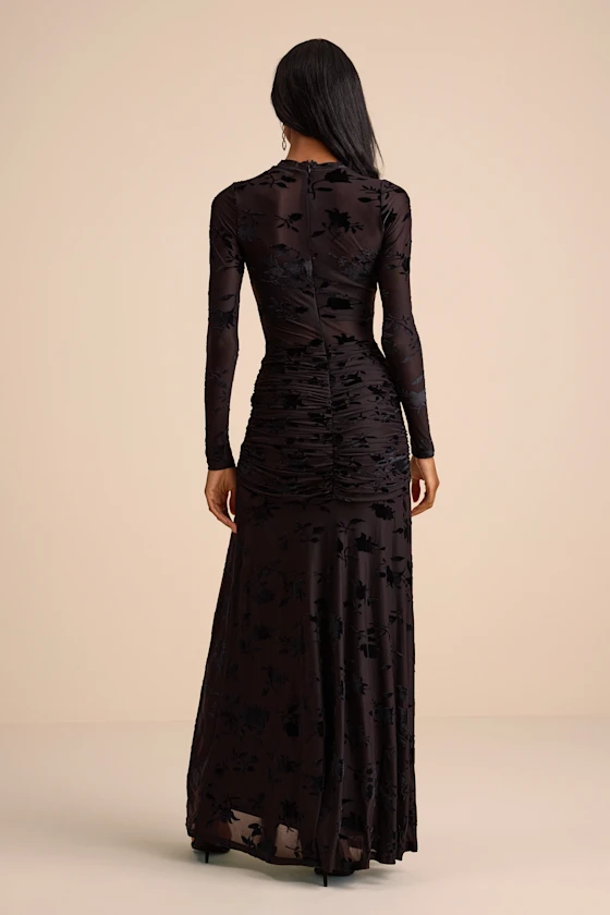 Charlize Black Sheer Mesh Velvet Burnout Maxi Dress
