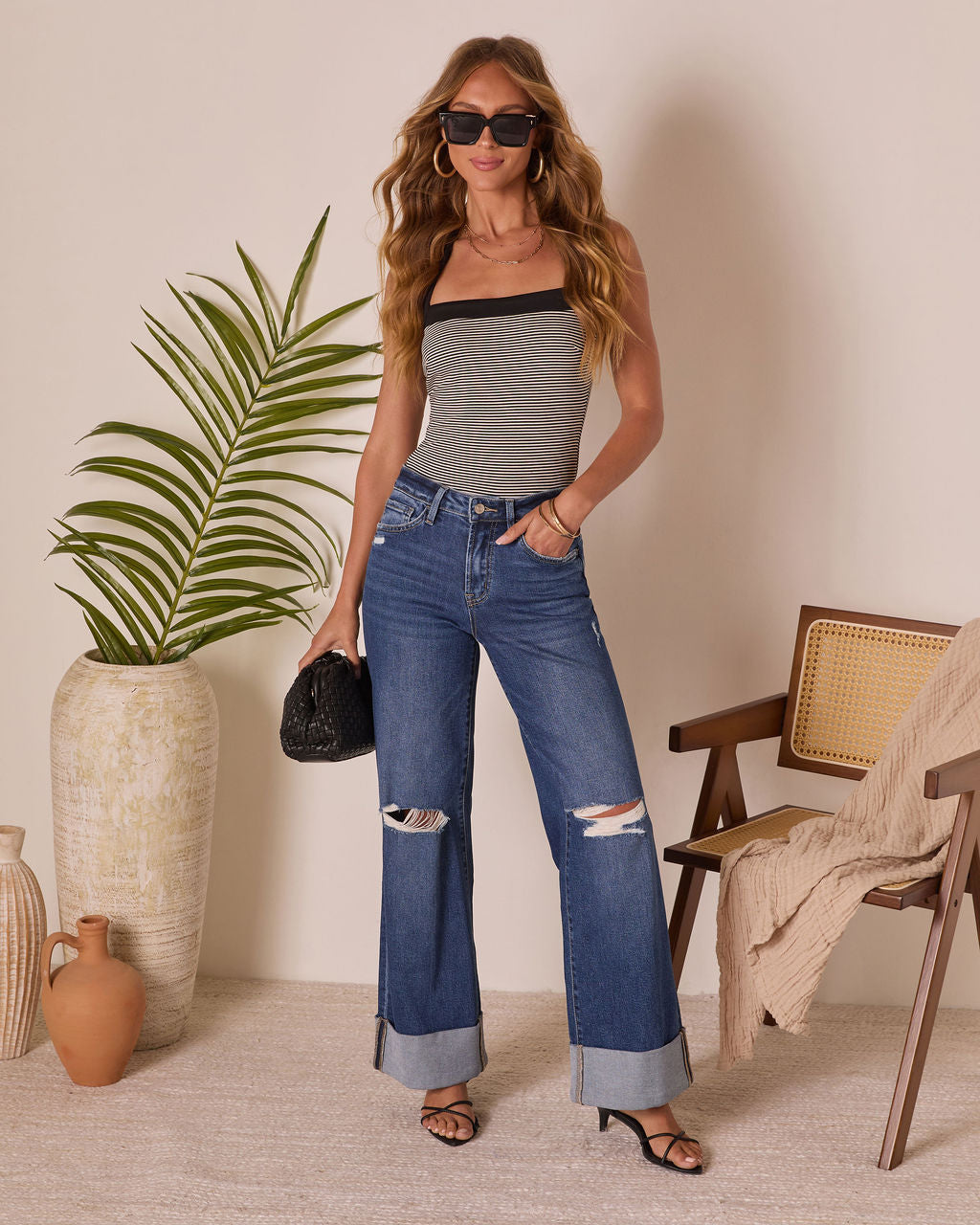 Jaidan Stretch High Rise Wide Leg Distressed Cuffed Jeans