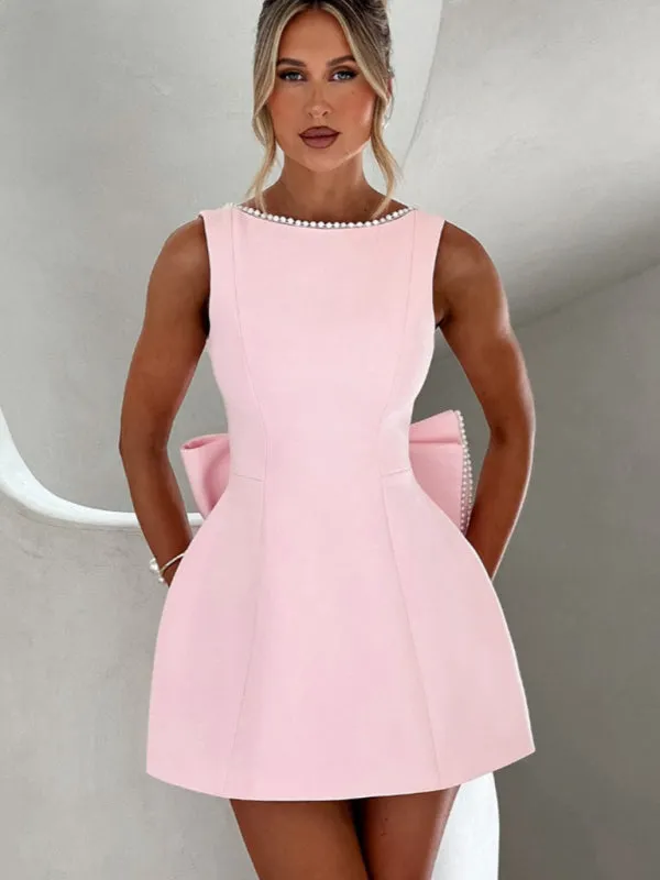 Pearl Bow Slim Backless A-Line Short Dress