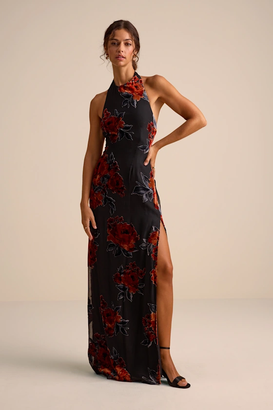 Karima Black Velvet Floral Burnout Halter Maxi Dress