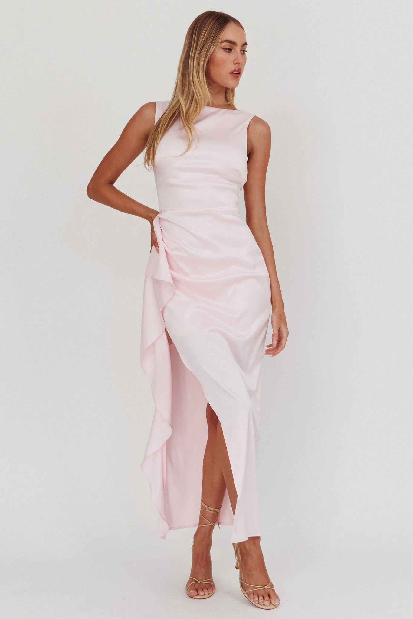 Kamillia Boat Neck Split Maxi Dress Ice Pink