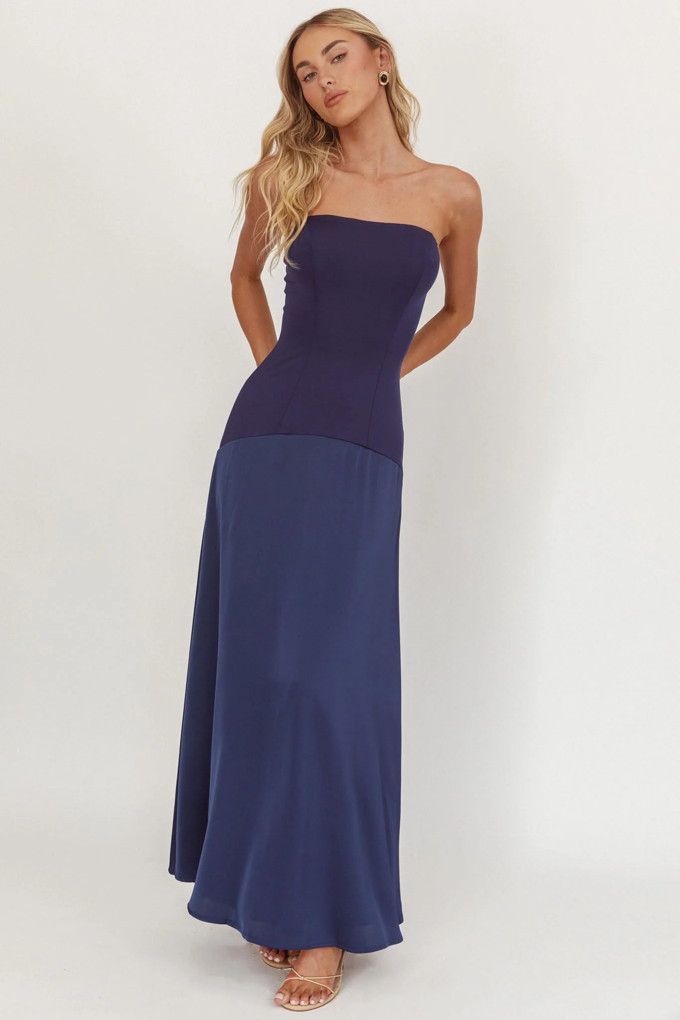 Star Avenue Strapless Drop Waist Maxi Dress Navy
