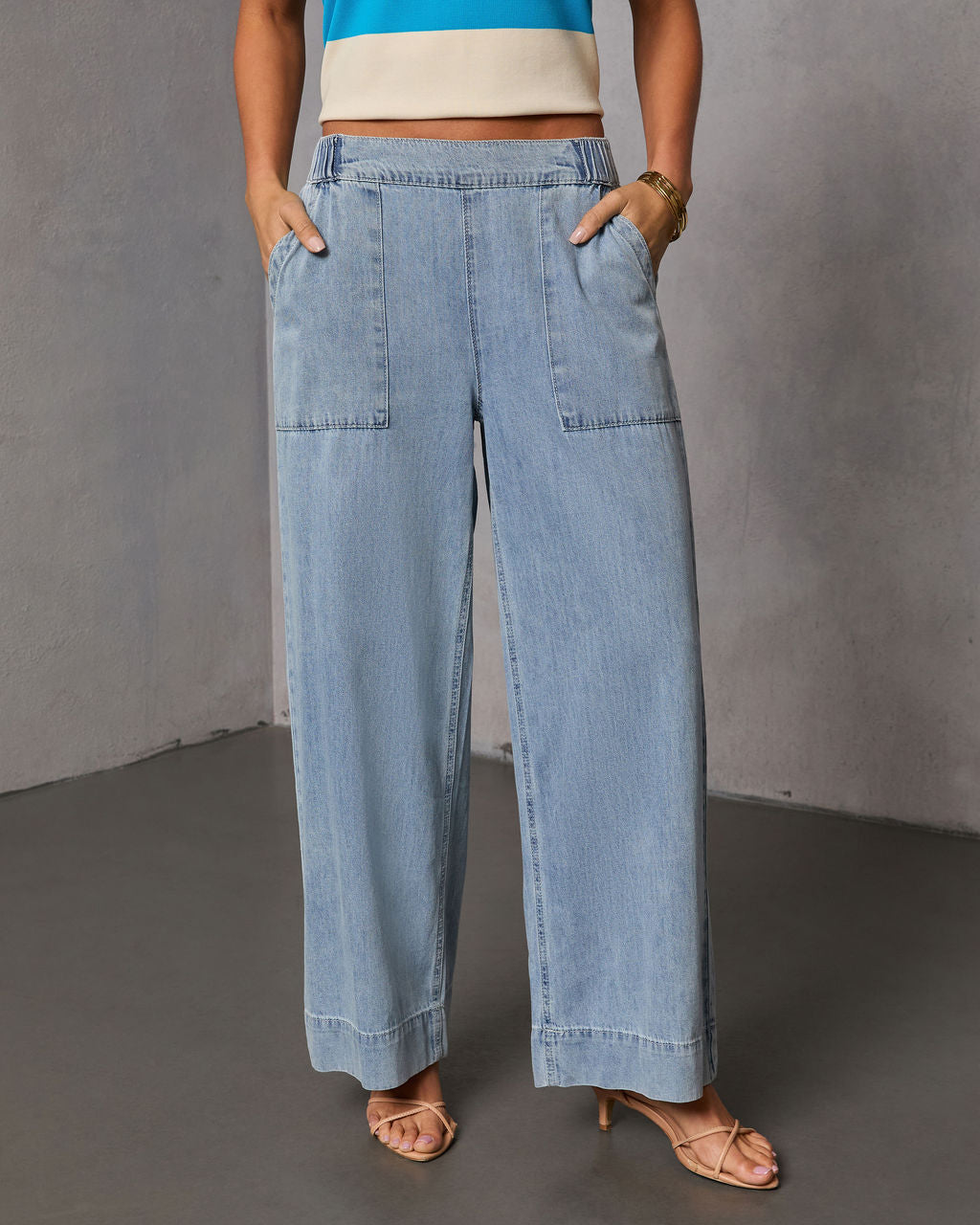 Bobi Relaxed Mid Rise Elastic Waistband Pull On Jeans