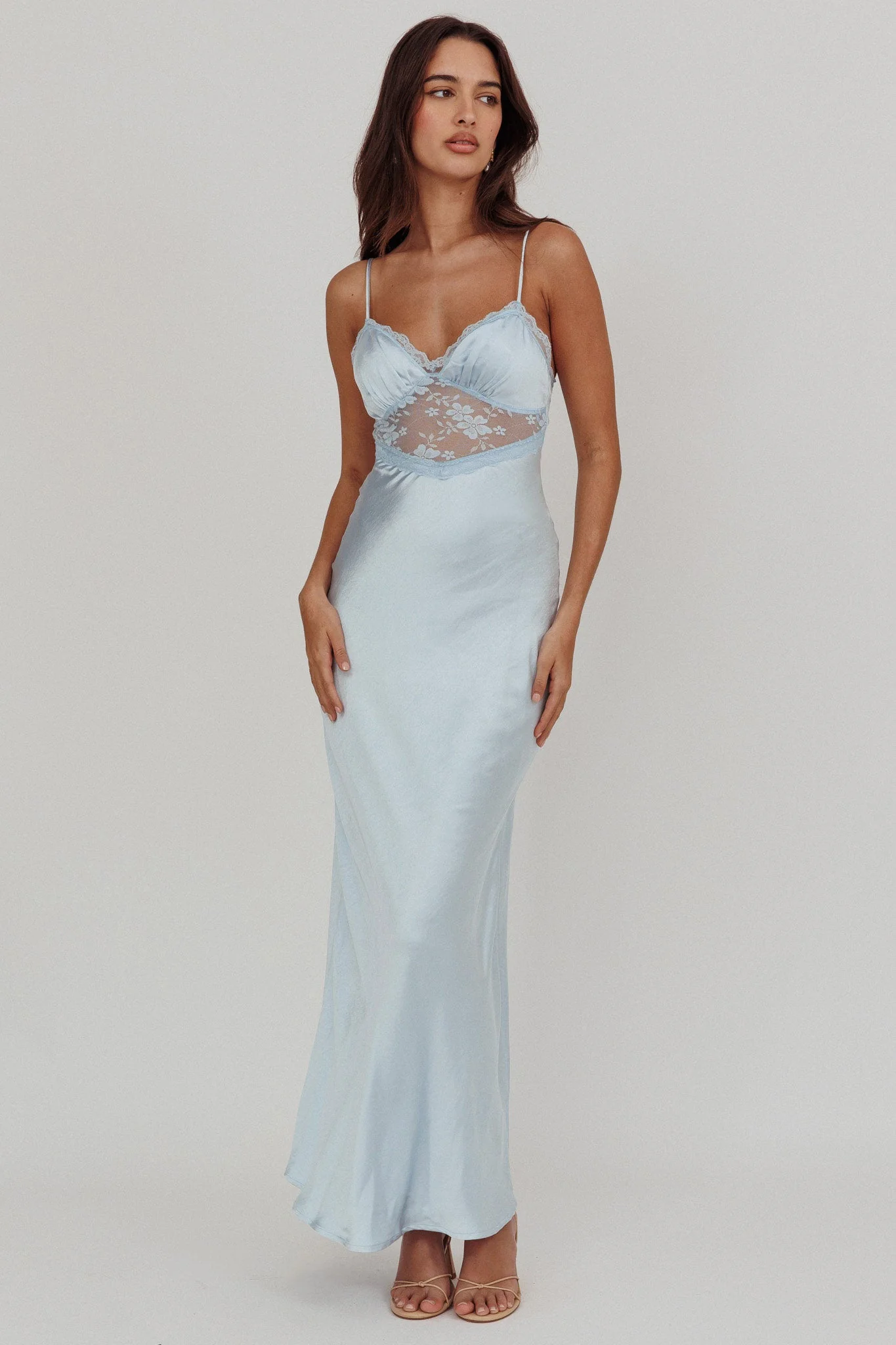 Her theory Lace Trim Maxi Dress Steel Blue