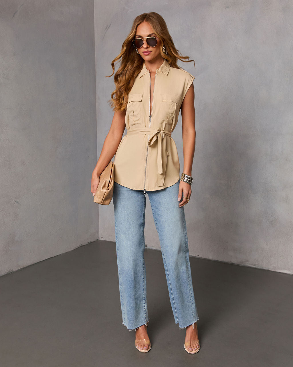 Luccie Waist Tie Zip Up Top