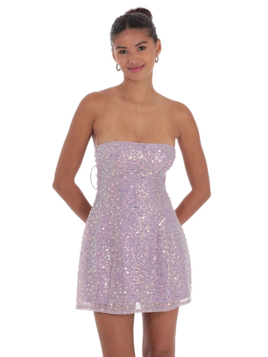 Sequin Glitter Strapless Fit and Flare Dress in Lilac