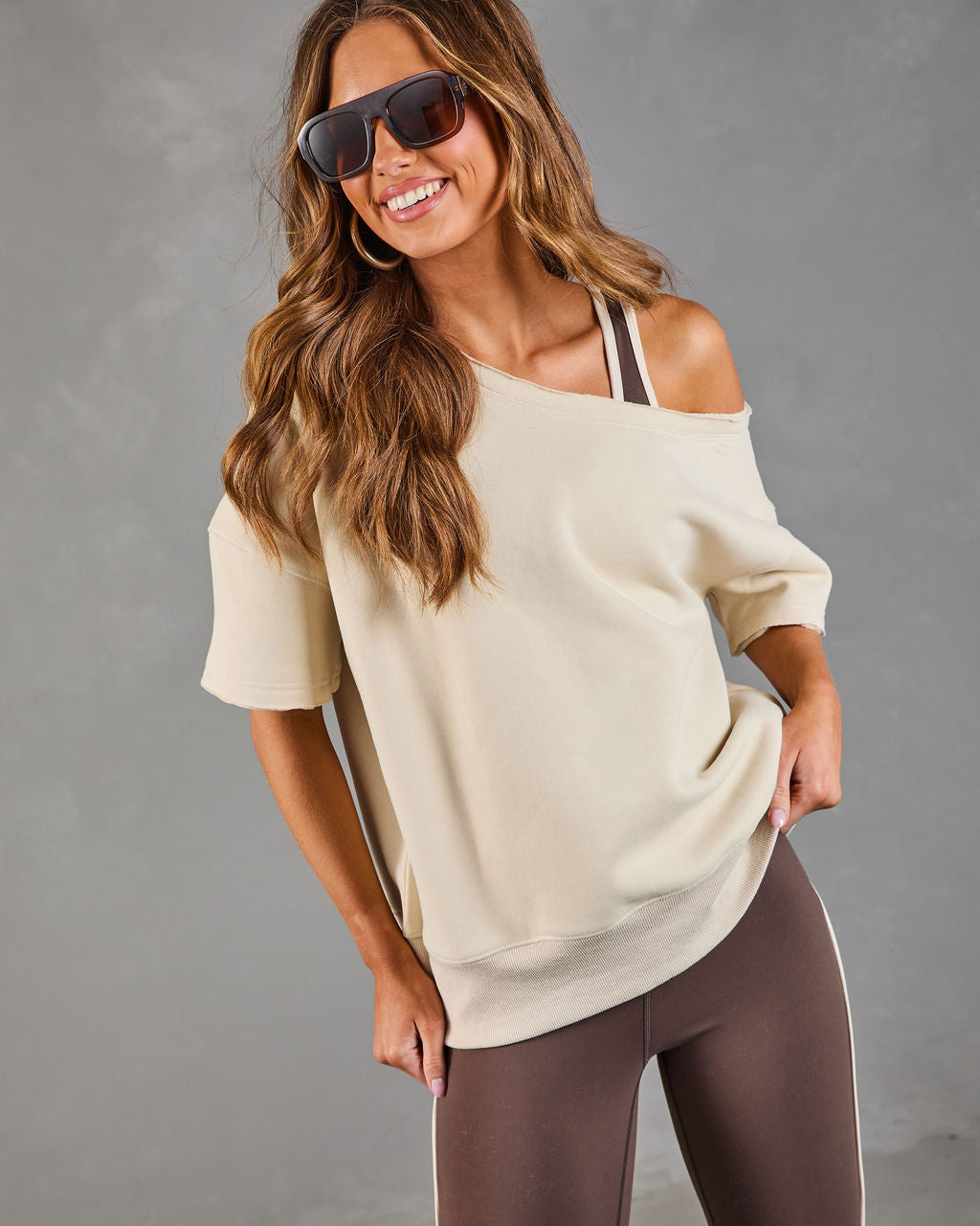 Empower Luxe Short Sleeve Off The Shoulder Sweatshirt