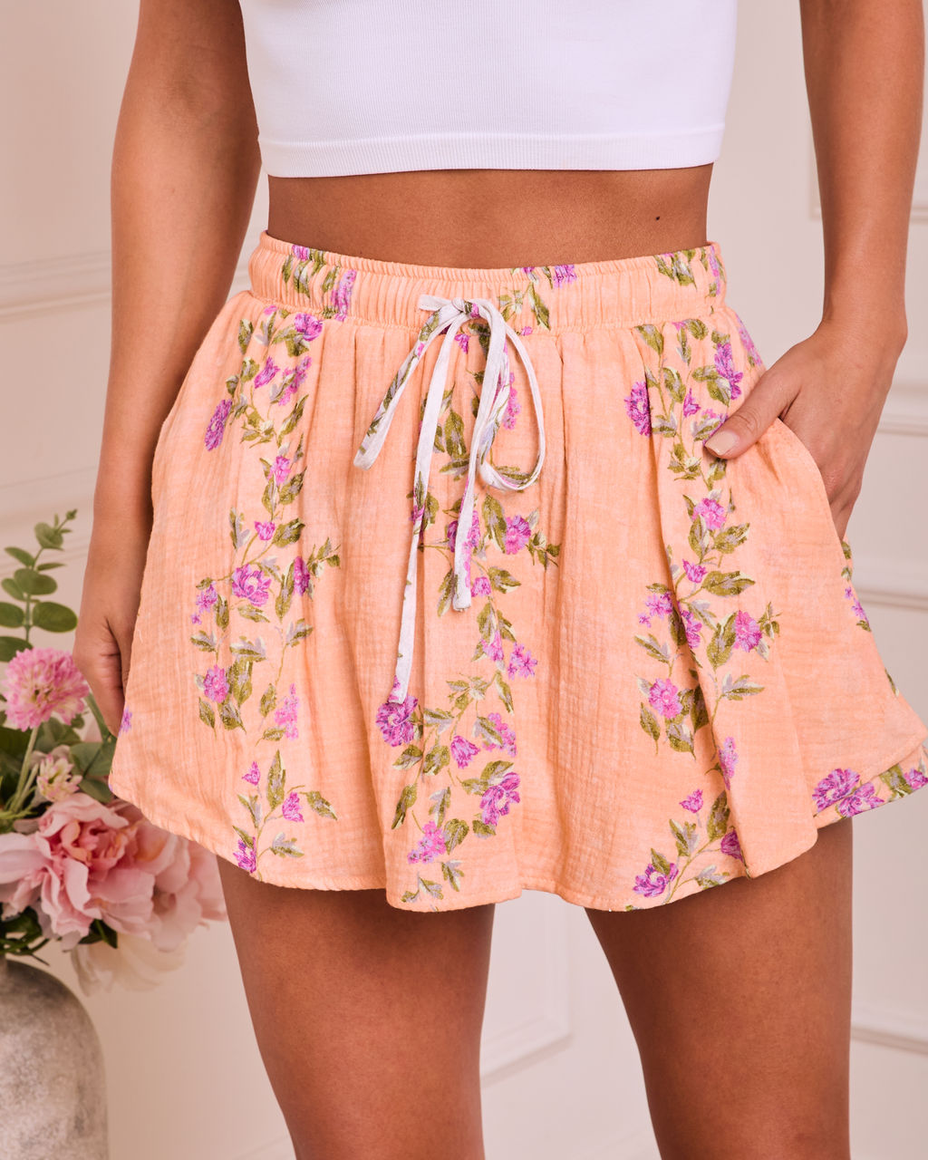 Soft Spoken Letter Floral Drawstring Shorts