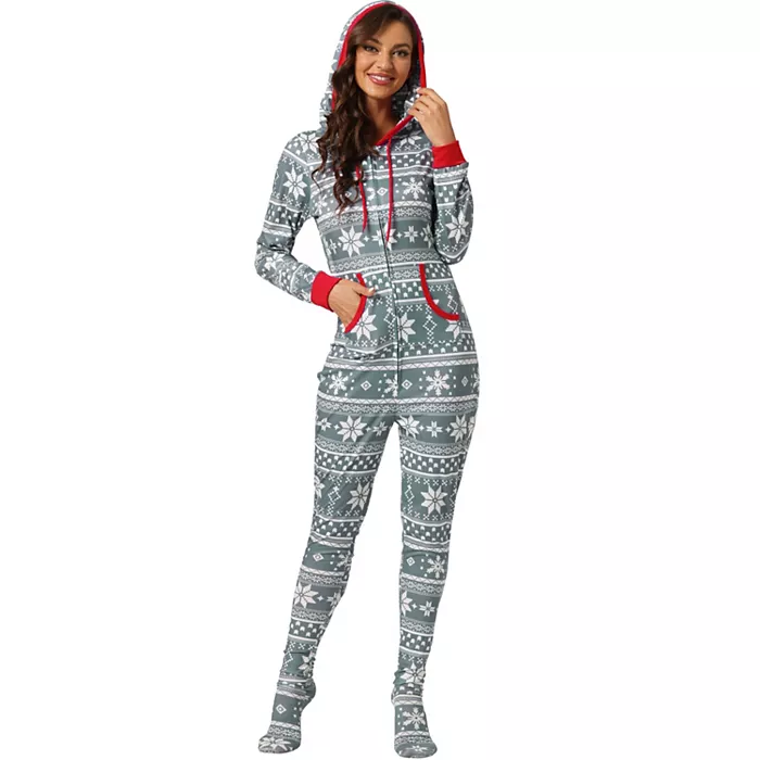 Women's Christmas 1 Piece Pajama Zipper Family Xmas Long Sleeve Set with Pockets