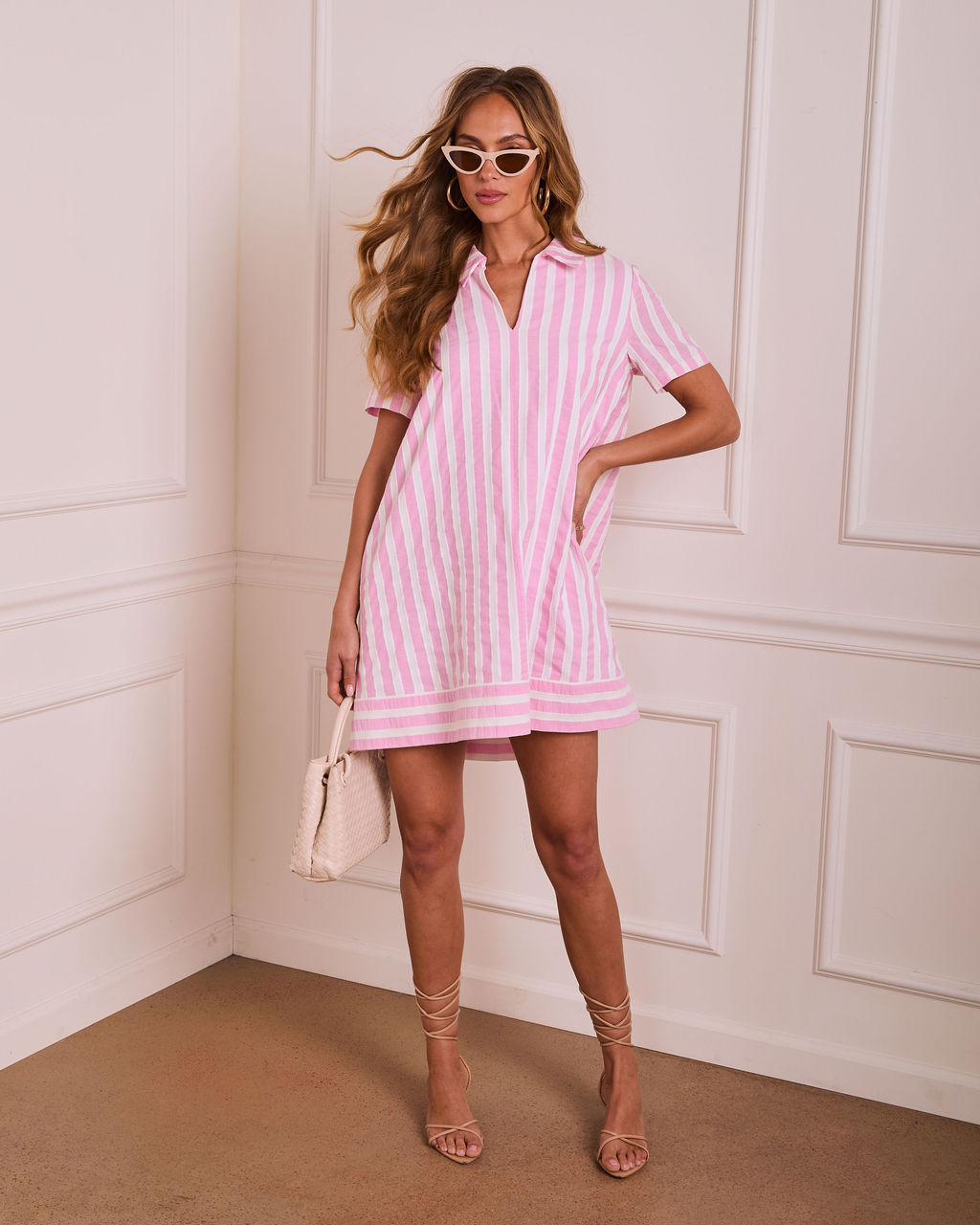 Sweet Line Striped Mini Shirt Dress