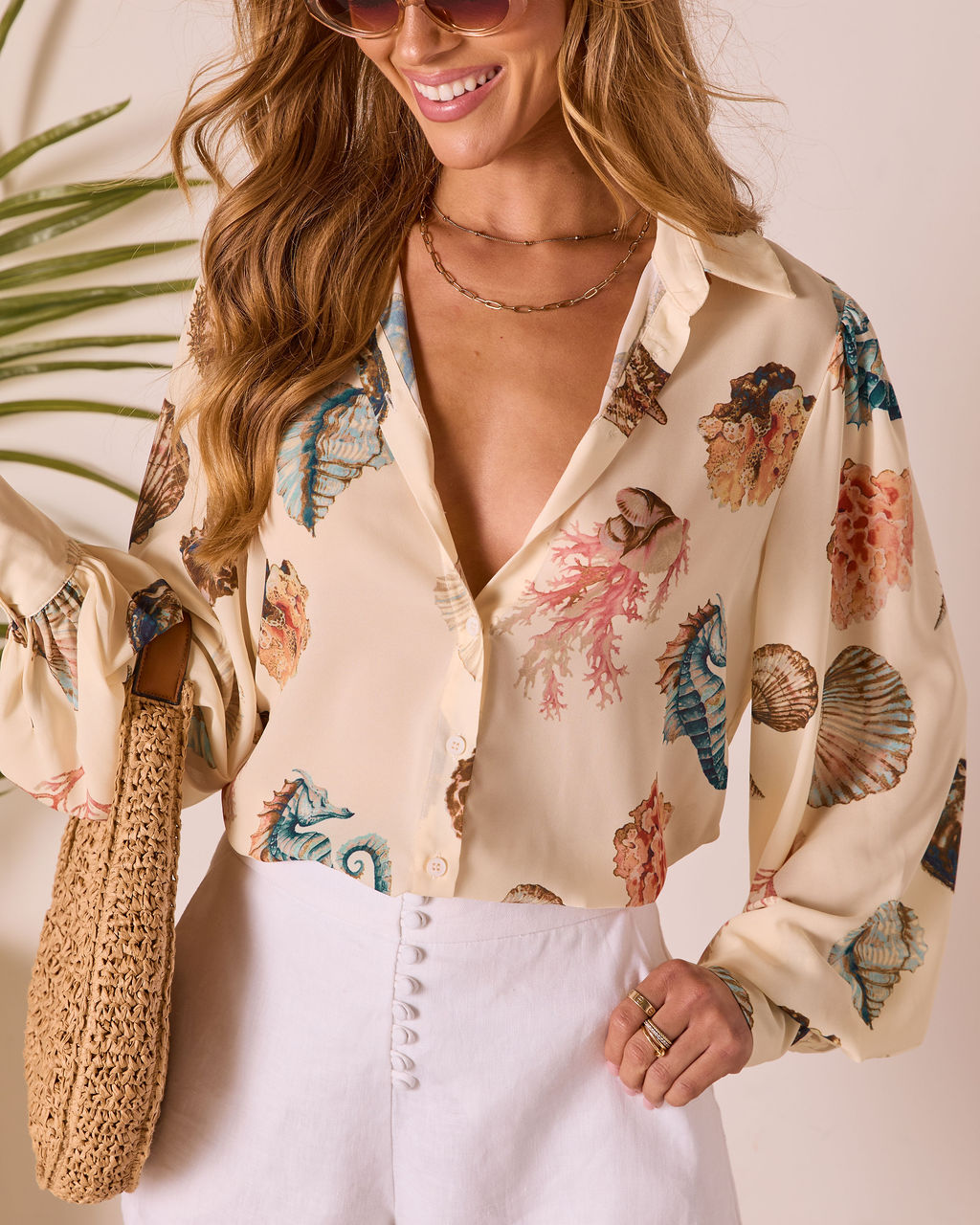 Ocean Whisper Sea Life Print Button Up Top