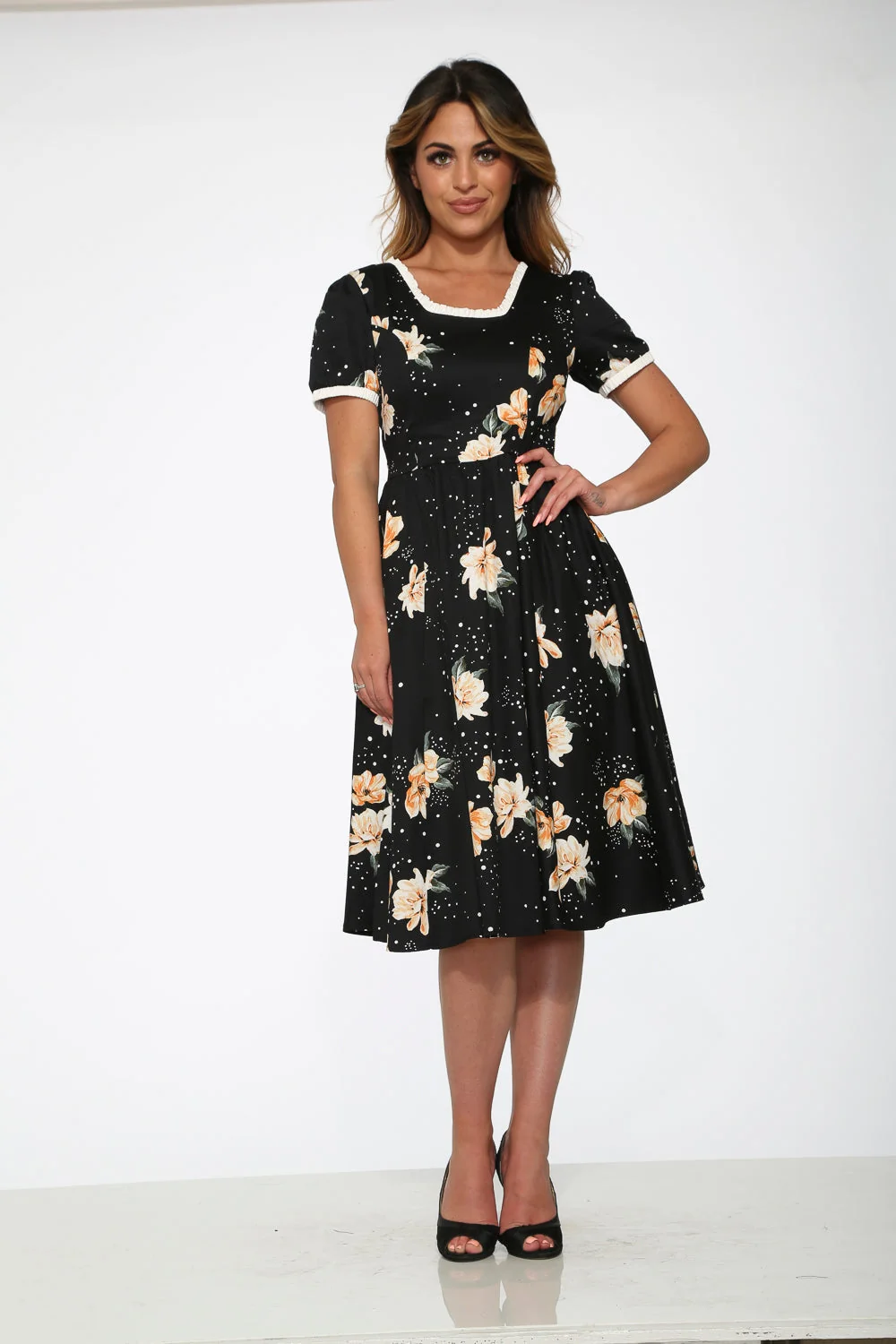 Black & Yellow Floral Swing Dress