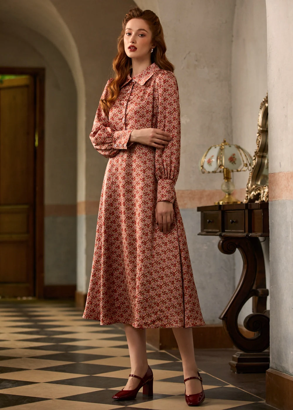 Romantic Era Button Front Midi Dress