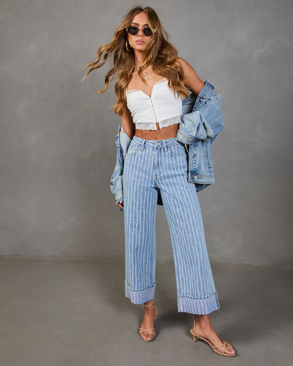 Calyra Stretch Cuffed Wide Leg High Rise Abstract Jeans